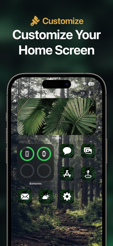 Iconic - App Icon Changer - 이 앱은 사용자가 선택한 숲 테마 배경화면과 완벽하게 조화되는 맞춤형 나뭇잎 디자인 아이콘으로 홈 화면을 꾸밀 수 있도록 돕습니다.