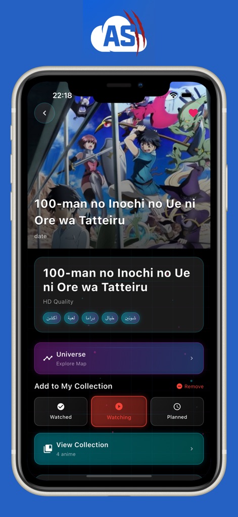 Anime Slayer - انمي سلاير - O aplicativo permite aos entusiastas de anime marcar facilmente o status de suas séries, com o botão 'Watching' destacado para indicar o progresso atual e tags de gênero como Ação e Fantasia para fácil categorização.