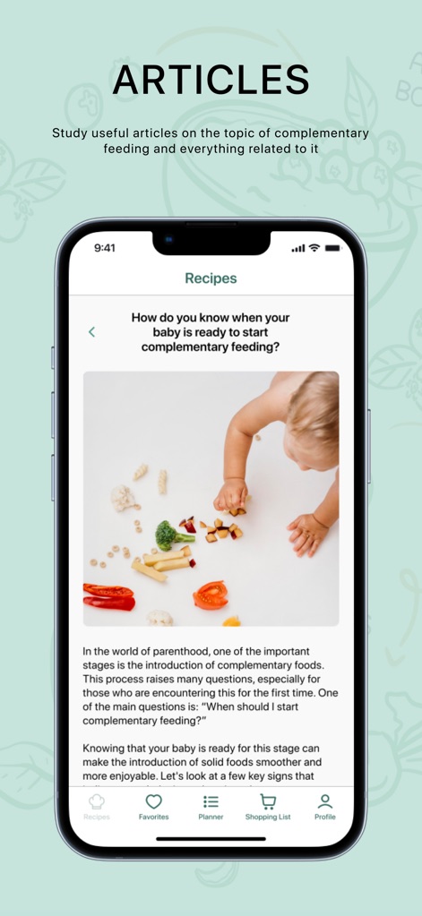 Baby Plates - Die App bietet informative Fachartikel zur Beikost, die durch anschauliche Bilder ergänzt werden, um Eltern umfassend zu informieren.