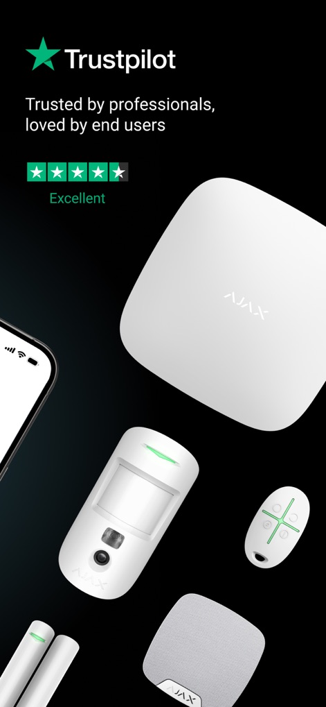 Ajax Security System - Dieses Bild zeigt eine Auswahl der physischen Ajax-Sicherheitsgeräte und unterstreicht die hohe Kundenzufriedenheit durch die ausgezeichnete Trustpilot-Bewertung.