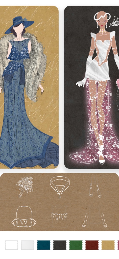 Fashion Design Sketches: Style - Delve into the intricate details of design with comprehensive accessory line art options, complemented by extensive color swatches for precise material selection, enhancing every aspect of the fashion creation.