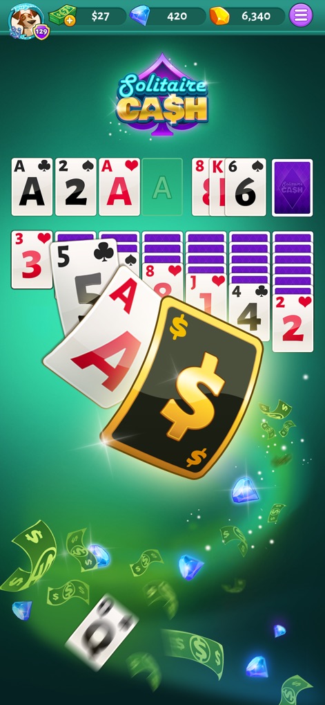 Solitaire Cash - Experience the core Klondike Solitaire gameplay with its traditional card layout and the engaging visual effects of falling cash and gems.