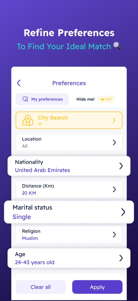 AlKhattaba - Muslim Marriage - The app provides granular search filters like "City Search" and "Nationality" to refine potential matches, all managed through a clear "Apply" action button for user convenience.