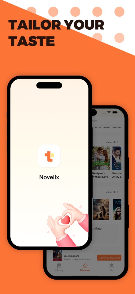 Novelix - The app’s 'Discover' tab presents a vibrant selection of genre fiction and offers a quick 'Continue Reading' button for ongoing stories.