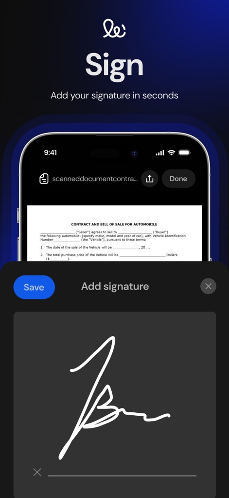 Atlas AI: PDF Document Scanner - Users can effortlessly add a digital "signature" directly onto documents, with a clear "Save" option to finalize the process.
