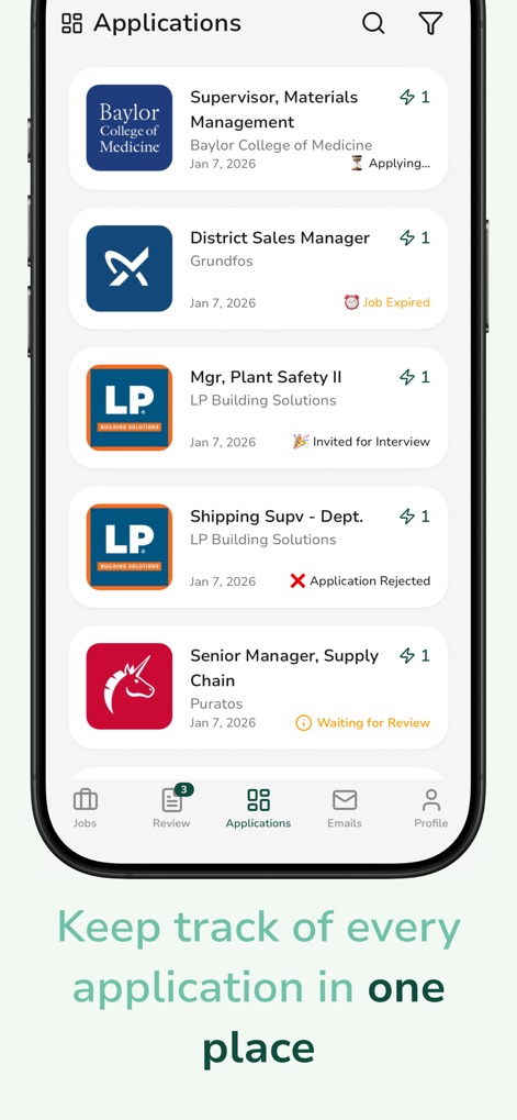 Sprout - AI Job Search - Users can effortlessly track all applications in a centralized list, monitoring statuses from 'Applying' to 'Invited for Interview' with ease.