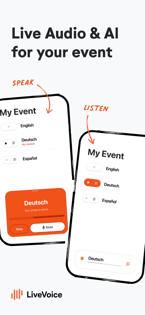 LiveVoice - Esta tela ilustra a dupla funcionalidade do aplicativo, permitindo aos usuários 'Falar' em um canal selecionado, como evidenciado pelo botão 'Mute' ativo, e simultaneamente 'Ouvir' diferentes canais de idioma, como 'Deutsch', com facilidade.