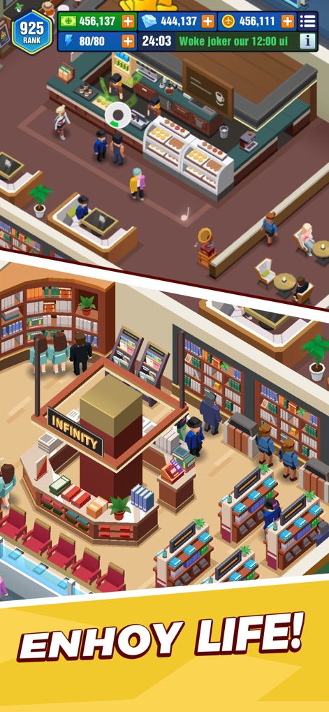 Idle Airport Empire Tycoon - Tour the comfortable cafe and the extensive bookstore, revealing the diverse passenger amenities designed for satisfaction.