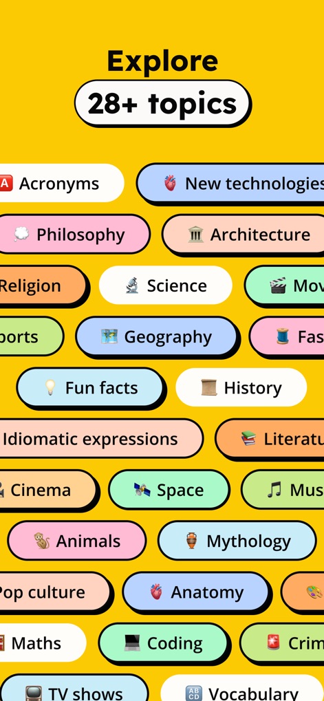 GenK: World General Knowledge - The app provides a comprehensive range of knowledge, evident in the "Explore 28+ topics" section featuring categories like "Philosophy" and "History".
