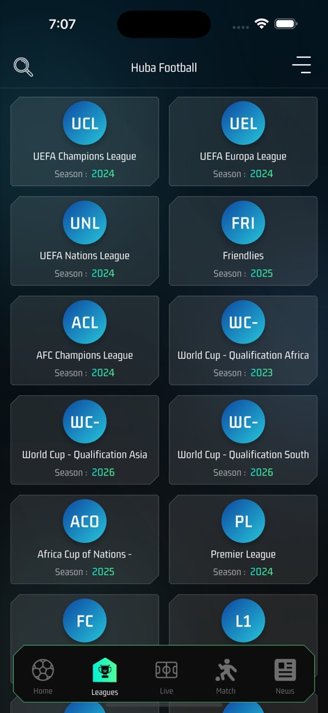 Huba Football - Users can effortlessly browse a wide array of global football competitions, each clearly labeled with its respective season.