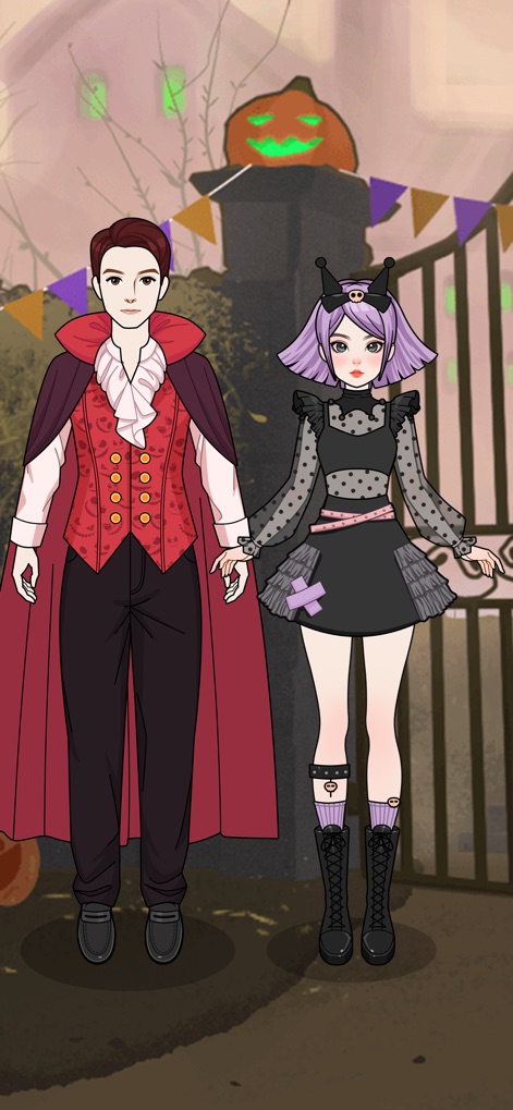 Paper Doll Diary: Dress Up DIY - Los usuarios pueden explorar temáticas especiales, como Halloween, creando personajes únicos como un vampiro masculino y una figura femenina inspirada en Kuromi, para dar vida a sus historias más creativas.