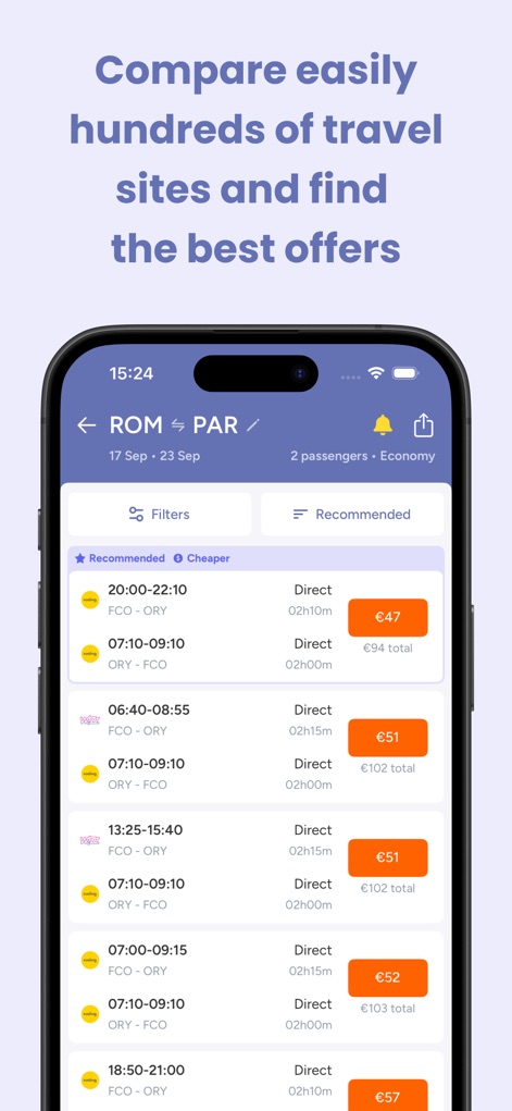 Jetcost: flights and cars - Cet outil dévoile les meilleures offres de vols, affichant clairement les offres détaillées incluant les heures de départ/arrivée et la durée du vol, et propose des options de filtrage ('Filters') pour une personnalisation précise des résultats.