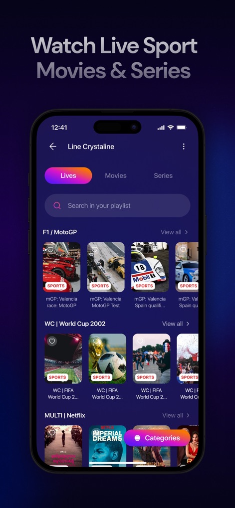 IPTV Smarters Player PRO - Die App bietet eine intuitive Startseite, auf der Nutzer durch verschiedene Kategorien wie Live-Events und Filme browsen können, ergänzt durch eine leistungsstarke Suchfunktion zur schnellen Inhaltssuche.