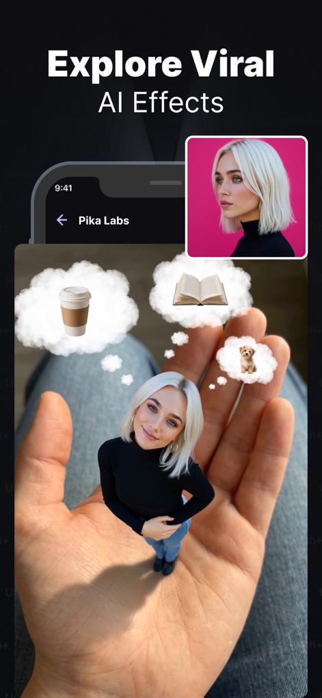 Pika Labs: AI Trend Effects - Explorez les effets IA tendance, comme la miniaturisation d'une personne dans la paume de la main et les bulles de pensée créatives.