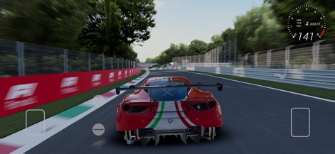 Apex Racing - O aplicativo apresenta modelos de carros de corrida detalhados, como este Ferrari, navegando por ambientes de pista com barreiras de segurança e sinalização.