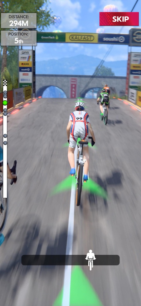 Road Cycling: World Tour Race - This app delivers immersive racing with its clear distance and position overlay and guiding green arrow indicators.