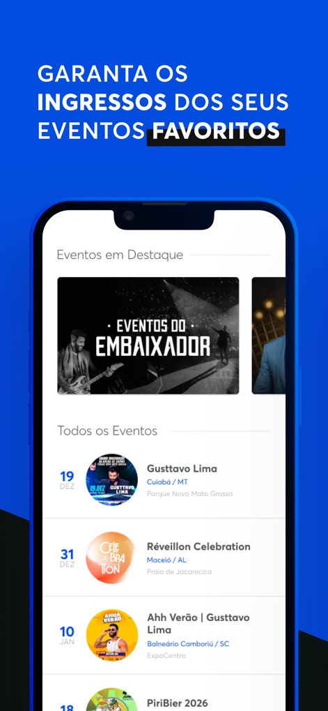 BaladAPP - A tela inicial do aplicativo exibe uma curadoria de **eventos em destaque** e uma **lista abrangente de todos os eventos** com suas respectivas datas e locais, otimizando a descoberta.