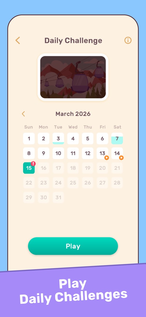 Connect Word Association Game - Esta herramienta ofrece una sección de "Reto Diario" que mantiene a los usuarios comprometidos con fechas marcadas en el calendario para desafíos específicos y una imagen temática atractiva para el rompecabezas del día.