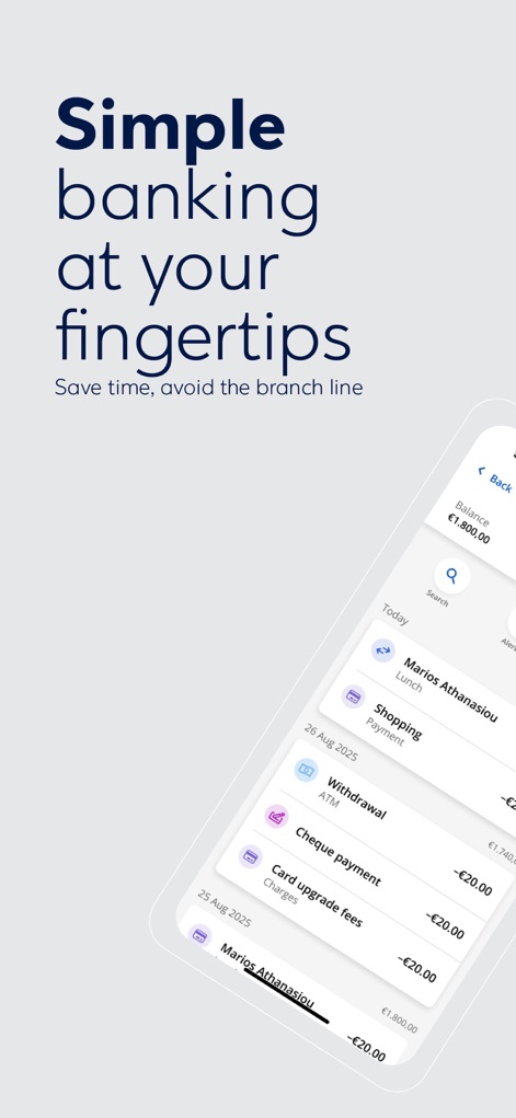 Eurobank Cyprus - L'application présente une liste de transactions claire et le solde actuel pour une gestion financière intuitive.