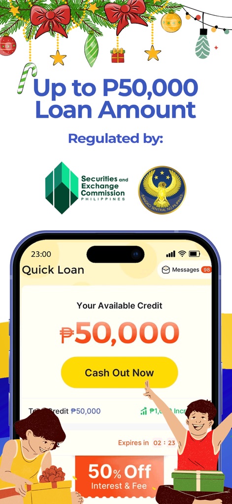 Mocasa: Pay Later & Quick Loan - Users can confidently access substantial funds, with available credit reaching 'P50,000', all under the stringent regulation of the Securities and Exchange Commission.