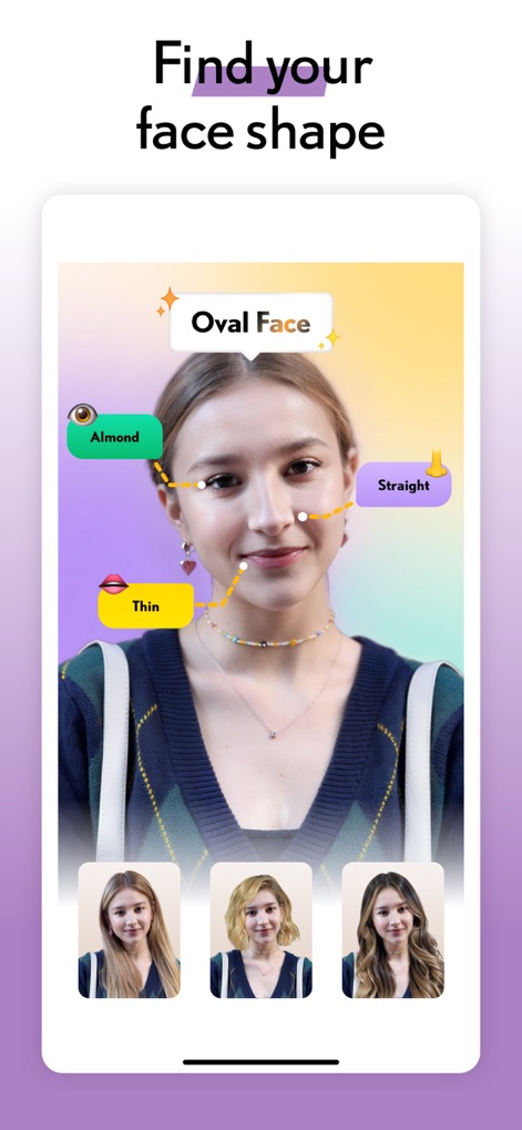 LOOX: Face Shape Finder - L'app analizza i tuoi tratti, identificando la "Forma Ovale" e suggerendo varie acconciature virtuali per esaltare la tua bellezza naturale.