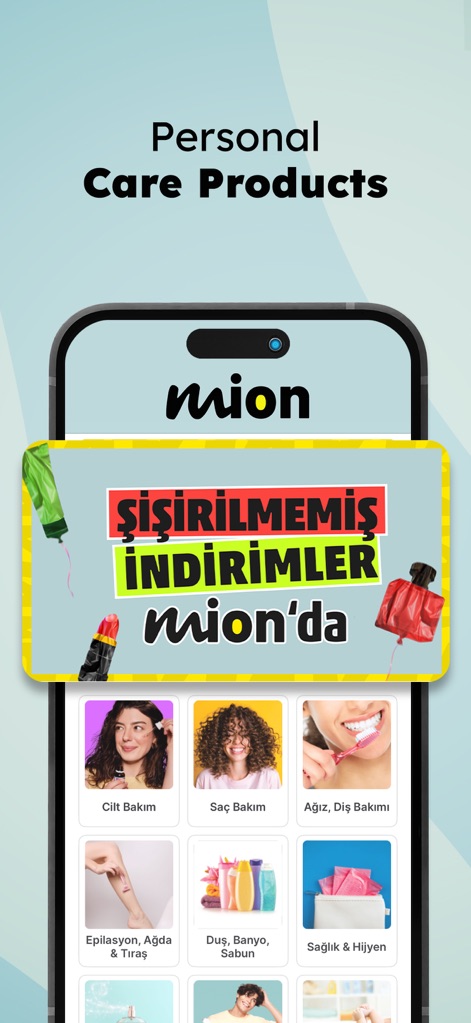 Migros: Food & Groceries - Mion provides a dedicated section for personal care, featuring categories such as "Cilt Bakım" and "Saç Bakım" for all beauty and hygiene needs.