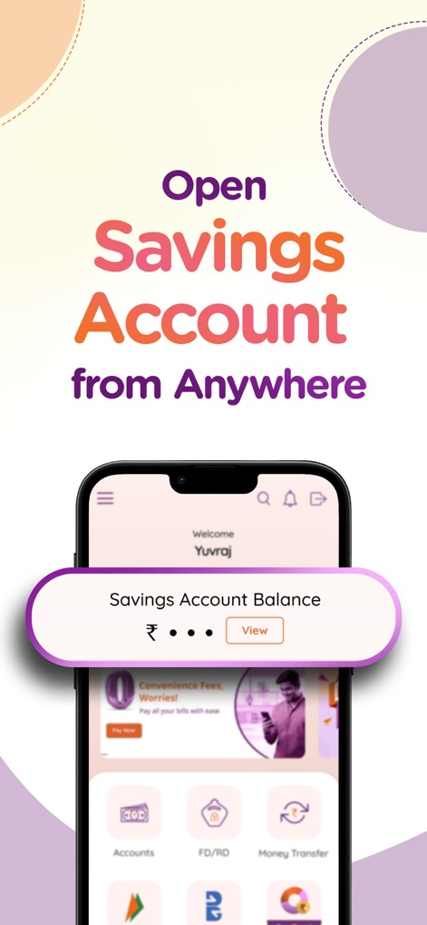 AU 0101: Banking App, UPI, FD - The app simplifies banking with an immediate view of the "Savings Account Balance" and quick access to "Accounts" management through its intuitive navigation.