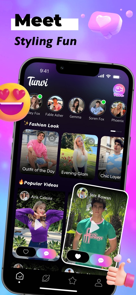 Tunvi - Online Live Chat - Explore a dynamic feed featuring various fashion looks and popular styling videos, alongside easy access to friend profiles.