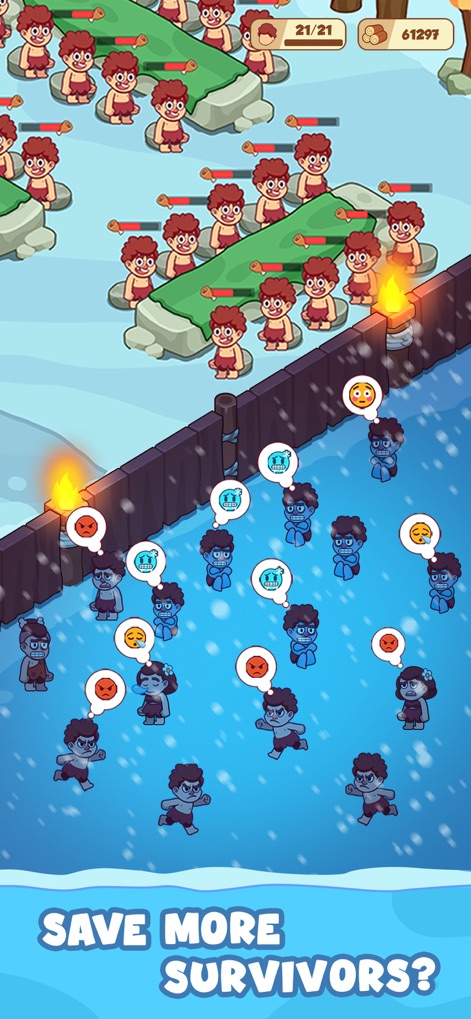 Icy Village: Survival Idle - L'app stimola l'espansione della comunità, mostrando un'ampia schiera di villici con diverse espressioni e una robusta struttura muraria.