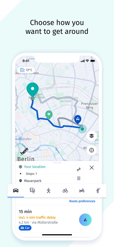HERE WeGo Maps & Navigation - Diese Ansicht demonstriert die vielfältigen Transportoptionen der App, von PKW bis Fahrrad, und ermöglicht den Nutzern, Routen mit individuellen Zwischenstopps für eine maßgeschneiderte Reise zu planen.