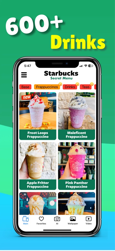 Starbucks secret menu! - 이 앱은 '600+ Drinks'라는 제목 아래 프라푸치노, 음료, 티 등 다양한 카테고리로 분류된 방대한 레시피 목록과 각 음료의 시각적 이미지를 제공합니다.