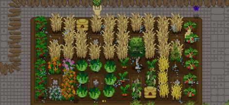 Tiny Terraces - Observe the strategic layout of neatly organized crop rows, featuring various plants and visual watering effects ensuring their growth.