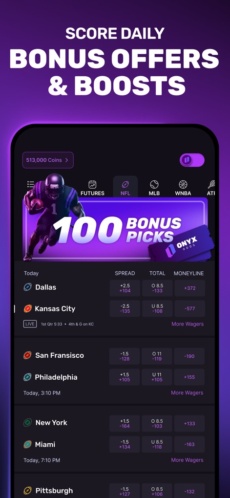 Onyx - Sports Picks - The app highlights engaging bonus pick offers, such as the "100 BONUS PICKS" banner, alongside real-time game odds for various matchups.