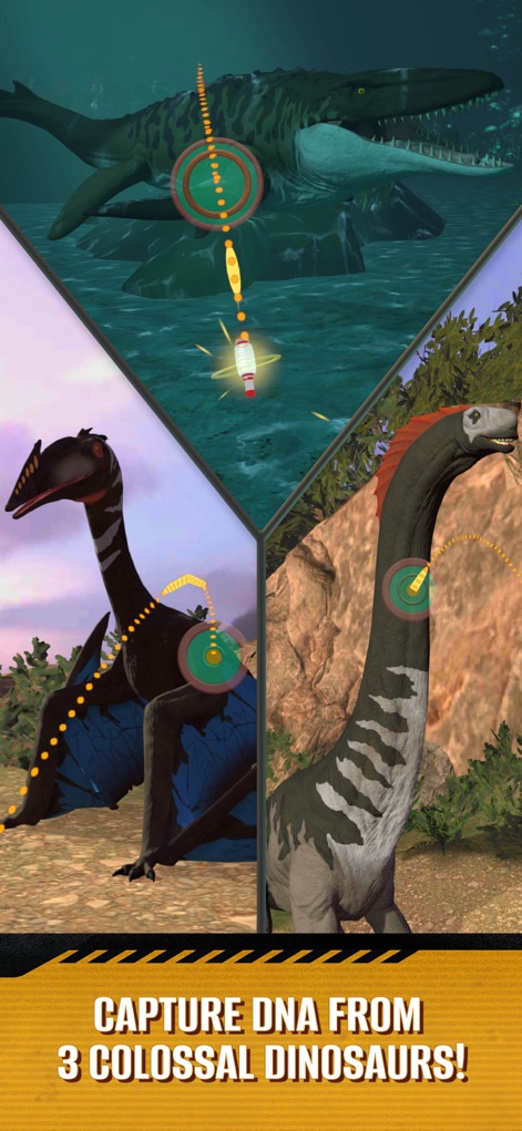 Jurassic World Play - The game mechanics involve precise dart targeting of colossal dinosaurs like the Mosasaurus, essential for DNA collection and mission progression.