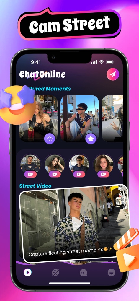 ChatOnline: Live Video Call - L'application met en avant des moments urbains capturés par la communauté dans la section "Featured Moments" et offre une immersion visuelle avec les "Street Video" dynamiques.