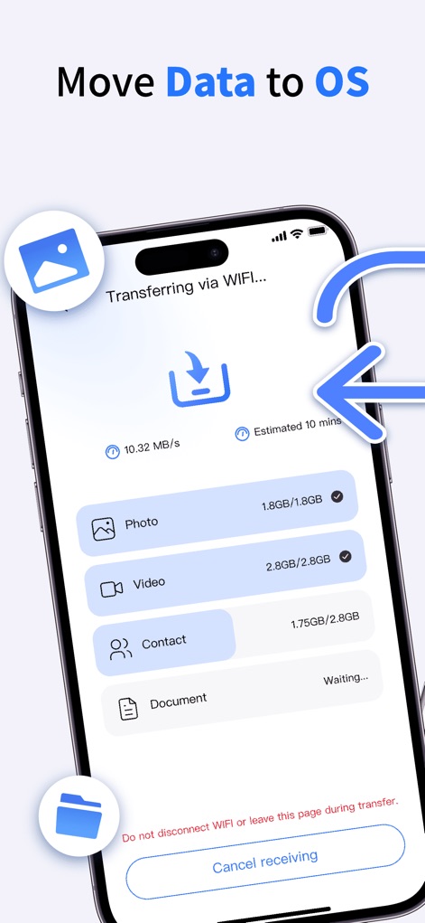 Data Transfer Move to OS - Witness the app's intuitive 'Transferring via WIFI...' progress screen and how it meticulously displays individual data type progress for photos, videos, and contacts.