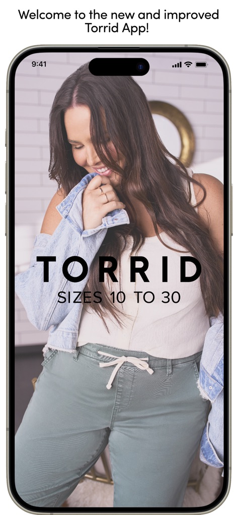 Torrid - Discover the app's welcoming splash screen and the prominent display of the "TORRID SIZES 10 TO 30" messaging, highlighting the brand's commitment to plus-size fashion.