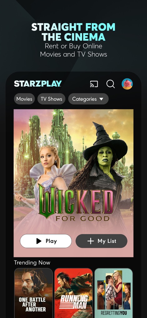 STARZPLAY ستارزبلاي - 이 앱은 'Wicked For Good'과 같은 최신 극장 개봉작을 대여 또는 구매할 수 있게 해주며, 사용자는 '트렌딩 나우'를 통해 다른 인기 영화들을 탐색할 수 있습니다.