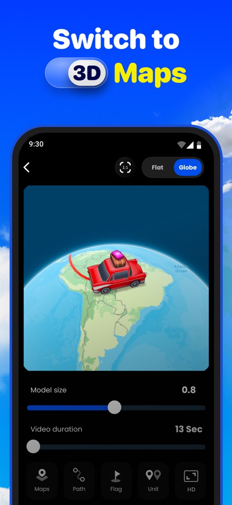 TravelAnimator: Journey Route - L'application offre une transition fluide vers des cartes en 3D pour une immersion accrue, où les utilisateurs peuvent également ajuster la durée de l'animation vidéo pour un rythme parfait.