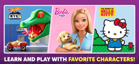 PlayKids Learning Video Games - La aplicación permite a los niños interactuar con personajes conocidos, como el coche de Hot Wheels en la izquierda y la heroína Barbie en el centro de la imagen.