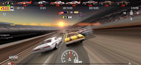Stock Car Racing - The app showcases stunning 3D graphics, bringing a dynamic sunset race to life with multiple cars battling for position on a meticulously designed oval track.