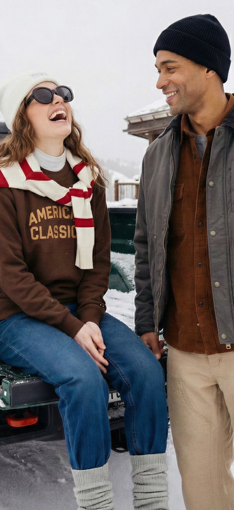 FashFed – Online Alışveriş - Hier wird das Modeerlebnis durch lachende Models in warmer Winterkleidung illustriert, die legere Outfits in einer wunderschönen schneebedeckten Umgebung präsentieren.