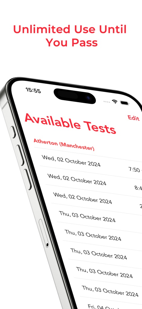 Testi Driving Cancellations UK - This feature displays a comprehensive list of available tests for a selected location, showing specific dates and corresponding times.