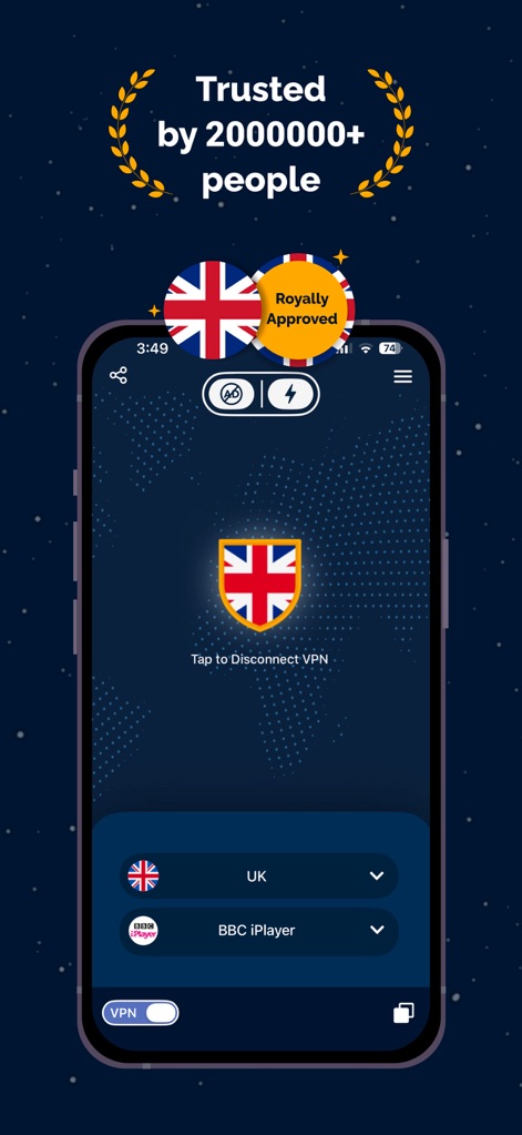 VPN UK - Free VPN and Browser - Dieses Bild demonstriert die vertrauenswürdige Natur der App mit dem "Trusted by 200000+ people" Emblem und zeigt die benutzerfreundliche Auswahloption für den UK-Server, inklusive direktem Zugriff auf BBC iPlayer.