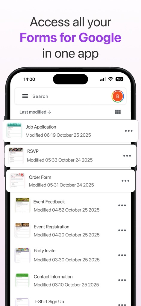 Forms for Google Doc - Users can efficiently manage all their forms through the intuitive search bar and review modification dates for quick access.
