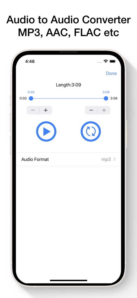 Video to MP3 Converter App - Users can easily trim audio files with the visible timeline scrubber and customize output via the 'Audio Format' selection.