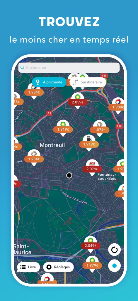 Prix Carburant - France - Die App zeigt eine interaktive Karte mit Echtzeit-Kraftstoffpreisen und ermöglicht Nutzern die Suche nach Stationen "À proximité" oder entlang einer "Rechercher"-Route.
