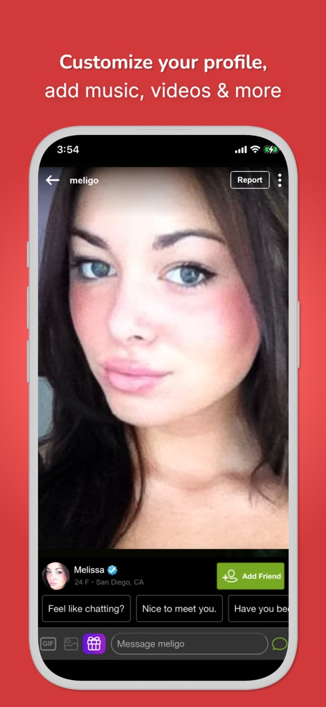 Moco - Chat, Meet People - This view showcases the customizable user profile, displaying a detailed profile picture and direct messaging options with quick chat prompts for personalized communication.