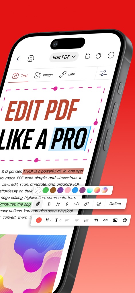 PDF Editor: Read, Scan & Sign - Observe the intuitive text editing interface, allowing users to precisely modify content like "EDIT PDF LIKE A PRO" and apply advanced formatting using the diverse toolbar with color and styling options.