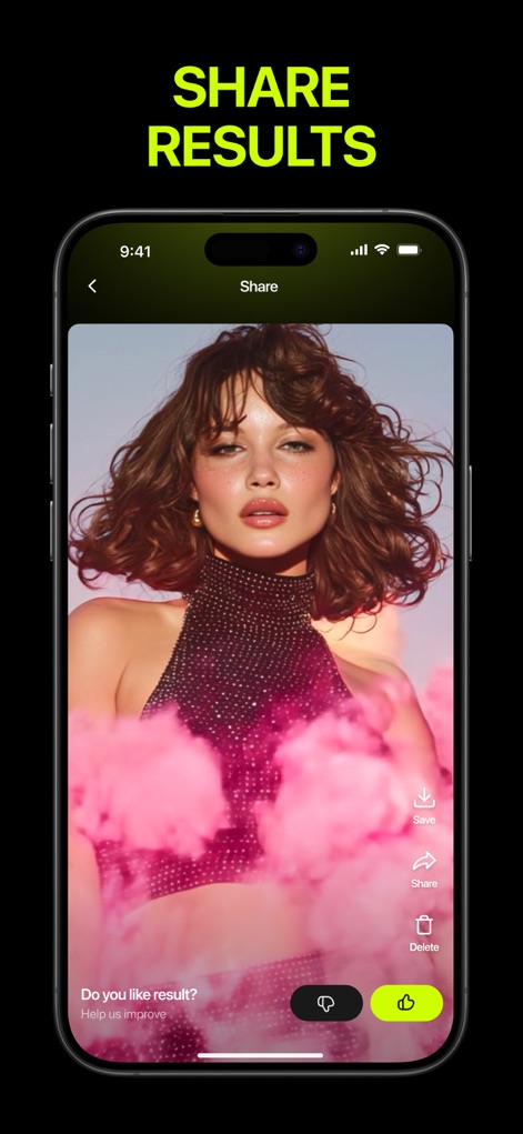 HG - AI Video Generator - The app offers "SHARE RESULTS" directly from the output screen, providing users with options to "Save" or "Share" their creations and even offer feedback via "thumbs up/down" icons.